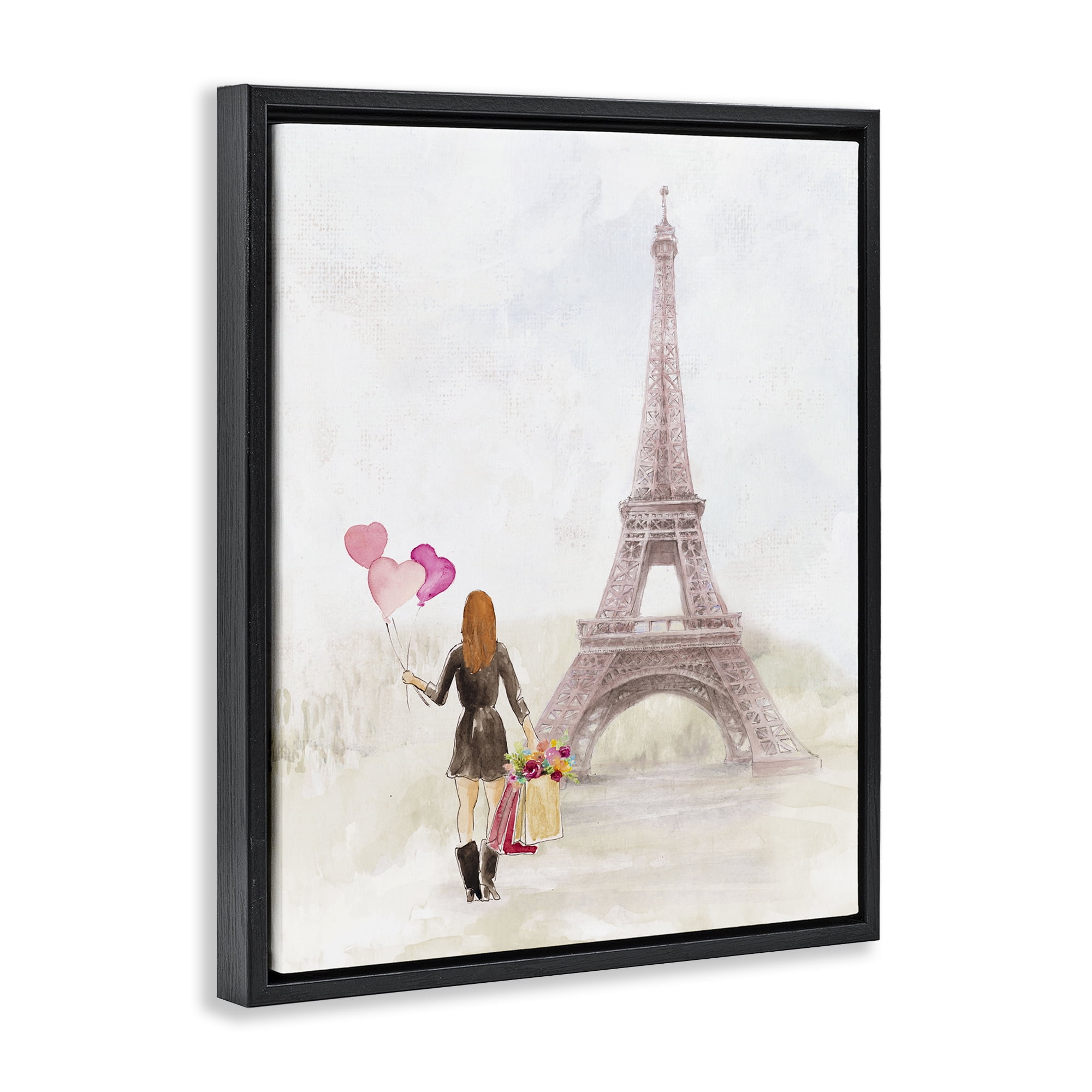 Stupell Industries Eiffel Tower & Heart Balloons Buildings & Architecture Painting Black Floater Framed Canvas Art Print Wall Art, 17 x 21