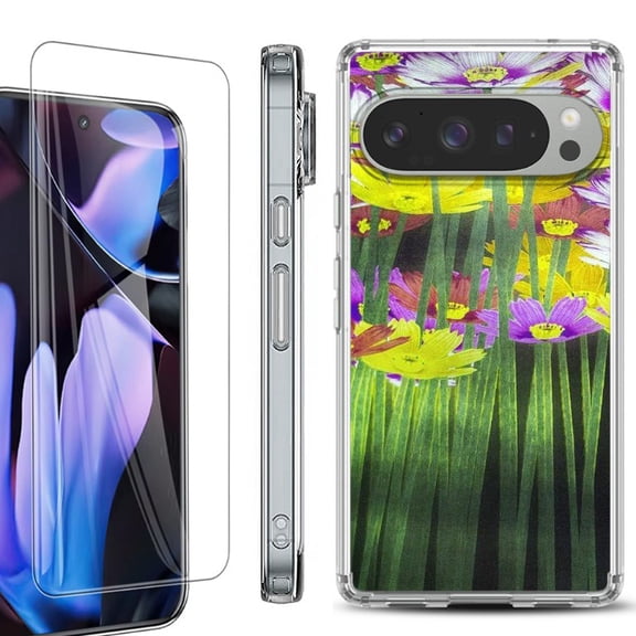 For Google Pixel 9 Pro XL Phone Case Cover, Shockproof Bumper Case with Tempered Glass Screen Protector, by OneToughShield - Dream Flower