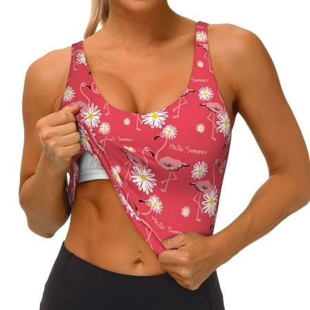 Qokaie Hello Summer Flamingo Pattern Womens Scoop Neck Sports Bra Breathable Workout Vest Padded U Back Medium Impact Fitness Gym Yoga Bra Workout Crop Top