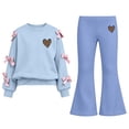 thumbnail image 2 of Spazoro Girls Outfit Sets with Bow Decor, Crewneck Flared Leg Heart Print Long Sleeve Elastic Waist Trendy Matching Sweatshirt and Pants 2PC Outfits Blue Size 5-6, 2 of 6