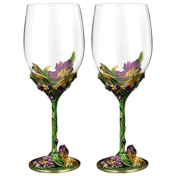 2 Pcs of Wine Glasses with Stem, Wine Glasses, Floral Design, Quality Crystal Glass, Elegant Green Iris Footed Glasses, Great for Gifts and Special Occasions