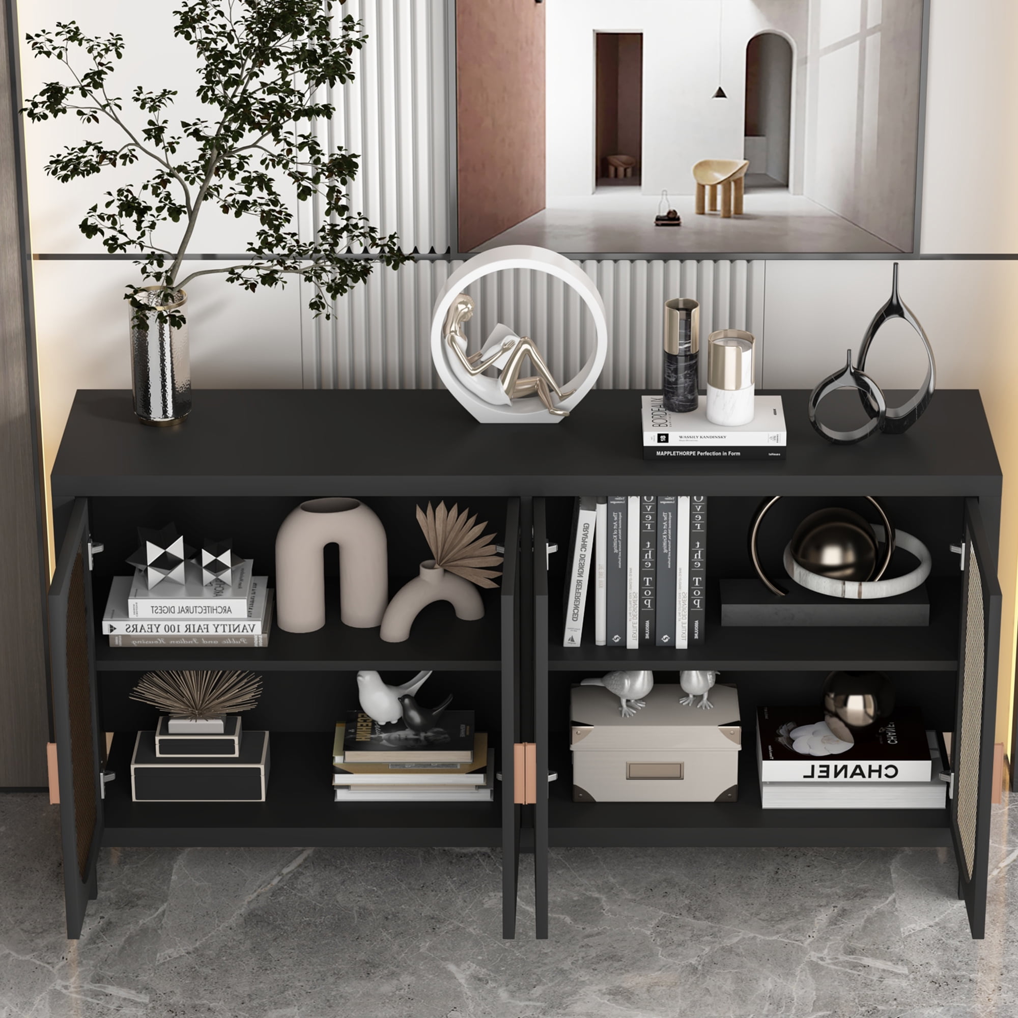 Sideboard Cabinet with 4doors, Buffet Cabinet, Rattan Cabinets with Storage, Living Room