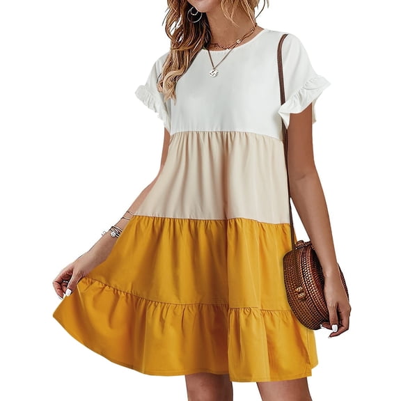 A-line Womens Ruffles Boho Striped Printed Babydoll Loose Swing Casual Short Mini Dress