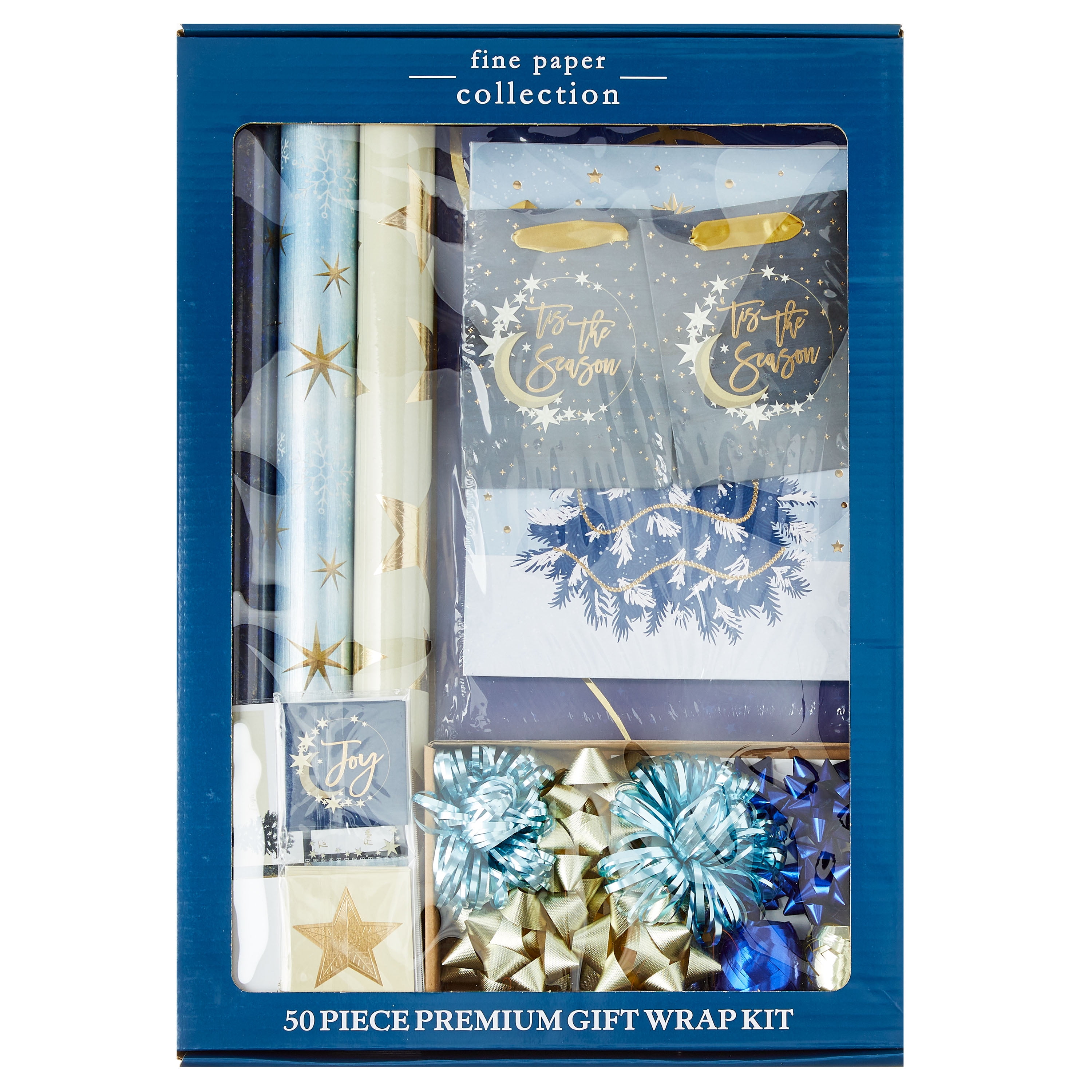 Holiday Time Fine Paper Collection Premium Gift Wrap Kit, Navy and Gold