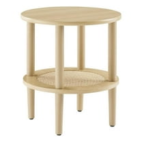 Pemberly Row Round Wood Side Table with Lower Rattan Shelf in Oak