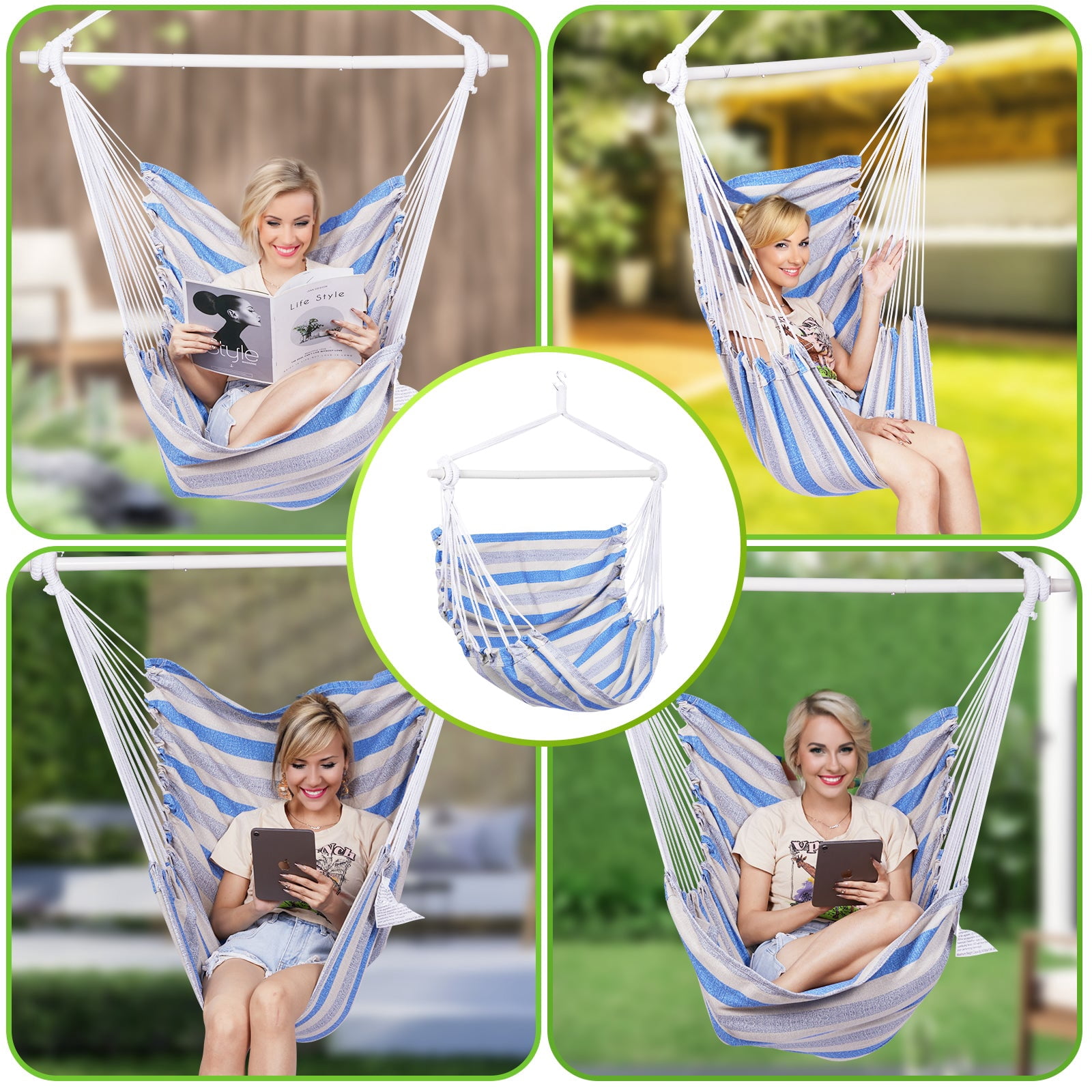 Backyard Expressions Striped Hammock Chair Hanging Rope Swing Chair, Anti Slip Steel Spreader Bar
