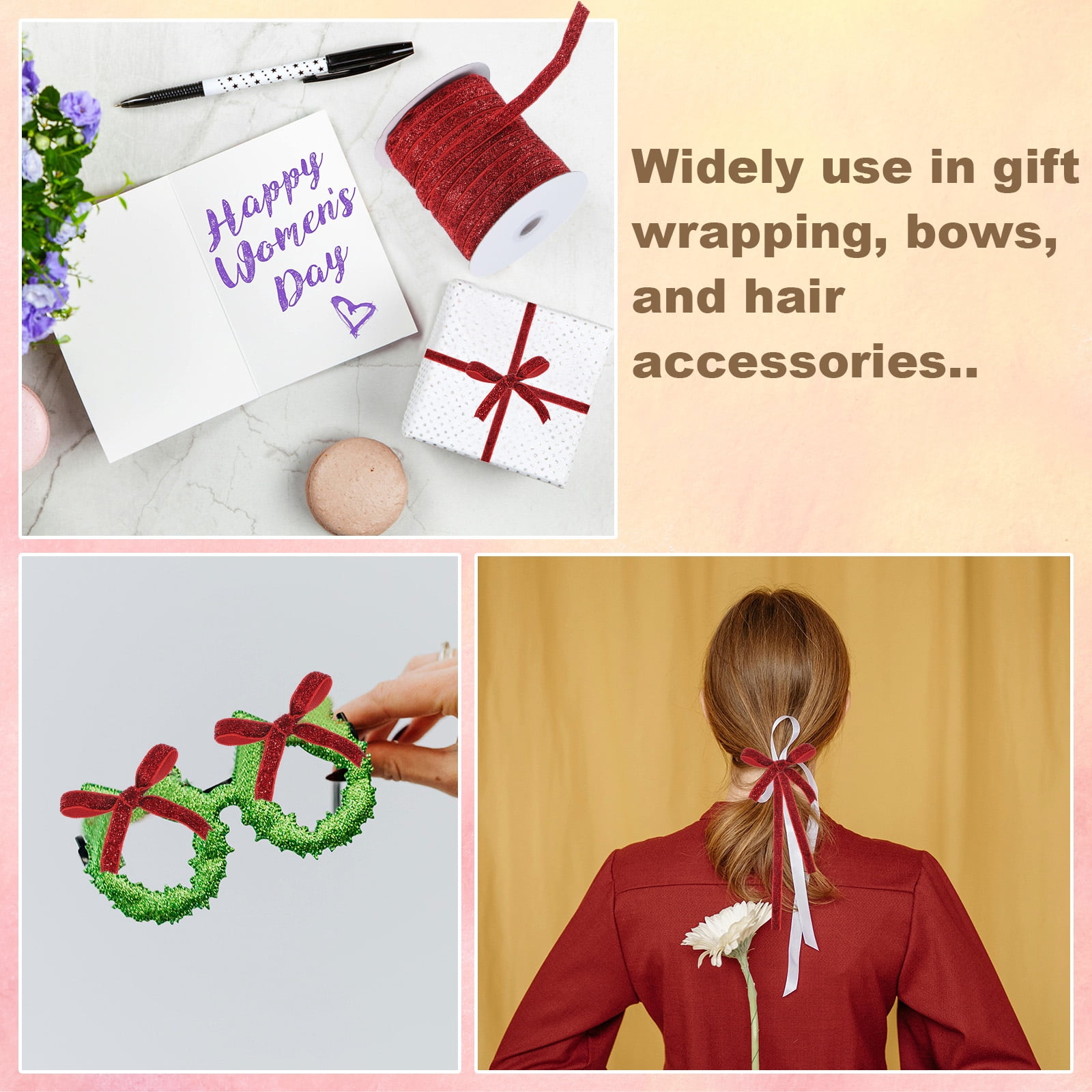 Uxcell Glitter Velvet Ribbon, Sparkly Fabric Metallic Ribbons Gift Wrapping Roll for Crafts Hair Bow Wreaths Decoration Black