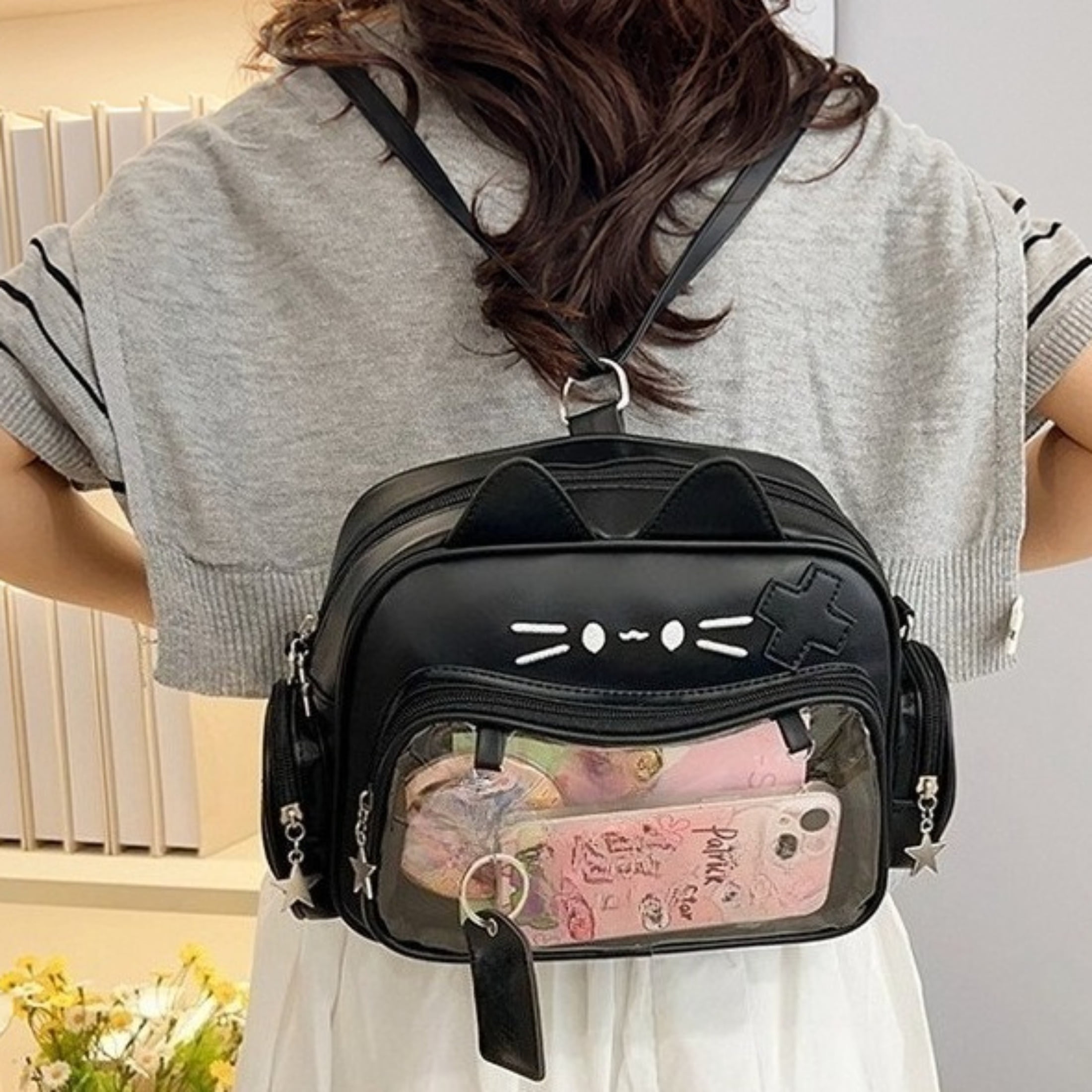 Cat Ita Bag with Clear Window - Kawaii Cat Backpack Purse, PU Leather Pin Display Bag, Adjustable Crossbody Bag for Cosplay, Christmas Halloween Gift