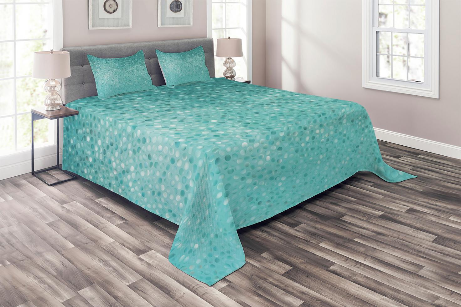 Turquoise Coverlet Set King Size, Small Dot Mosaic Tiles Shape Simple