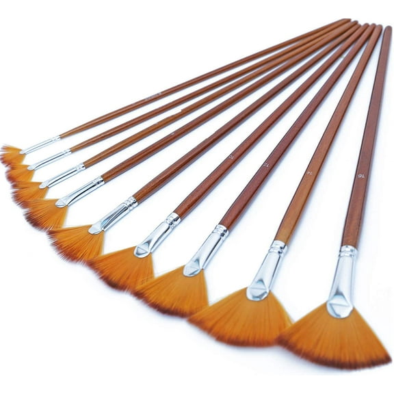 Artist Fan Paint Brushes Set,9 Pcs Professional Soft Anti-Shedding Fan Brush for Acrylic Oil Watercolor Gouache Painting Kits with Long Handle Nylon Hair