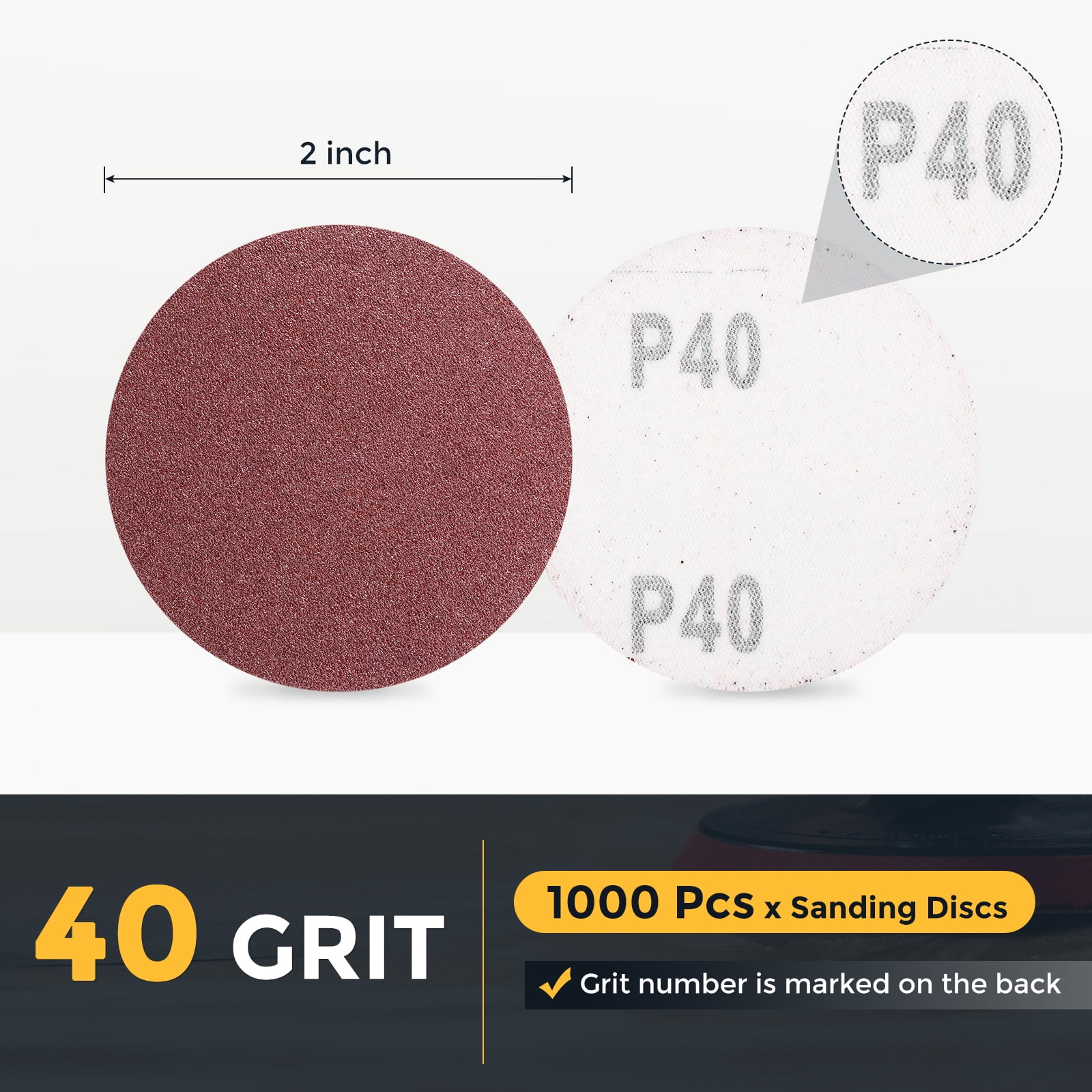 1000 Pcs 2 Inch Sanding Disc 40 Grit Hook and Loop Sandpaper Random Orbital Sander Pads for Woodworking Automotive