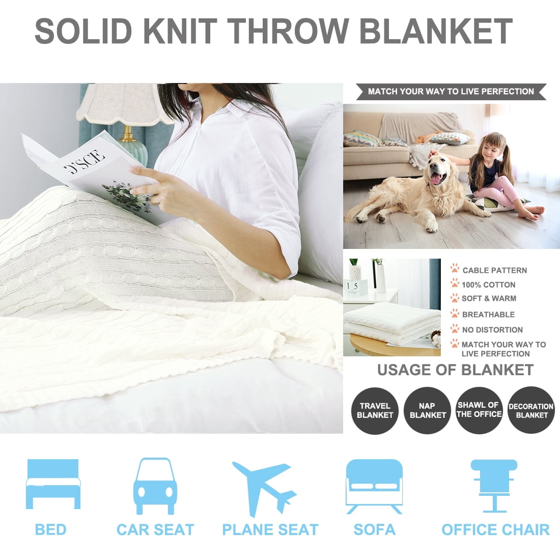 Unique Bargains 100% Cotton Cable Knit Throw Bed Blanket Beige 51" x 59"