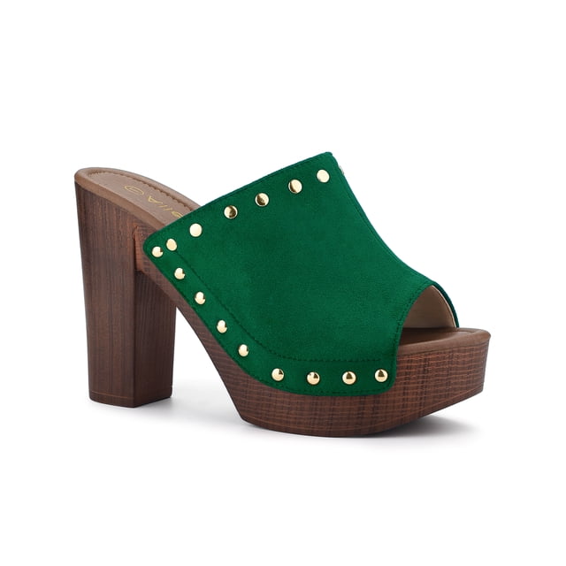 BLISSFUL STEP Chaussures pour Femmes à Plateforme à Talons Épais à Bout Ouvert à Rivets en Faux Suède Sandales à Enfiler Vert 6,5
