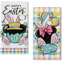 Happy Easter Kitchen Dish Towels Set of 2, Bunny Rabbit Colorful Plaid Hand Towels Drying Baking Cooking Cloth, Spring Eucalyptus Leaves Farmhouse Home Kitchen Decor 18x26 Inch