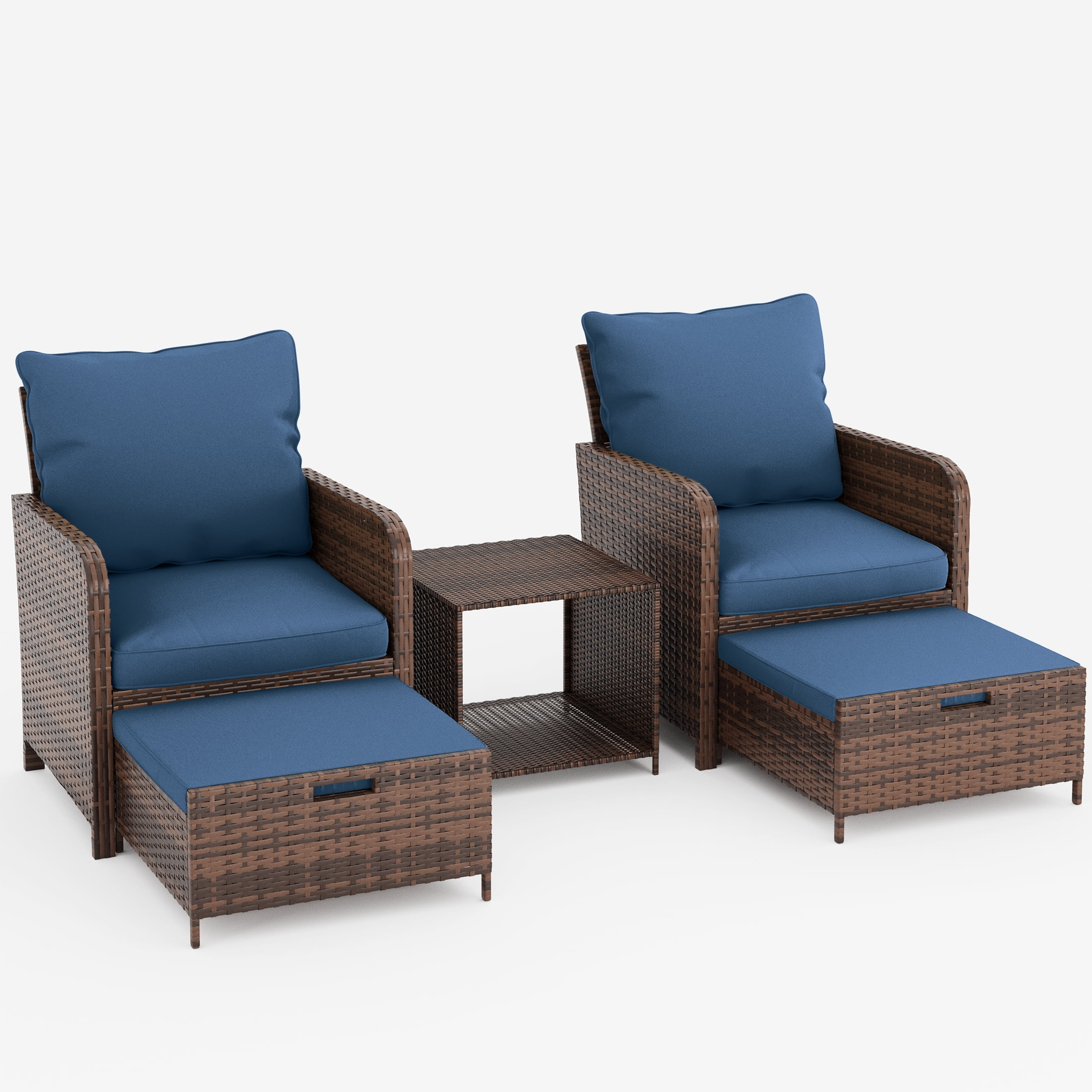 Poteban Balcony Furniture 5 Piece Patio Furniture Set, Outdoor Patio Chair with Ottoman for Front Porch Deck, Wicker Lounge Chair with Side Table,Blue