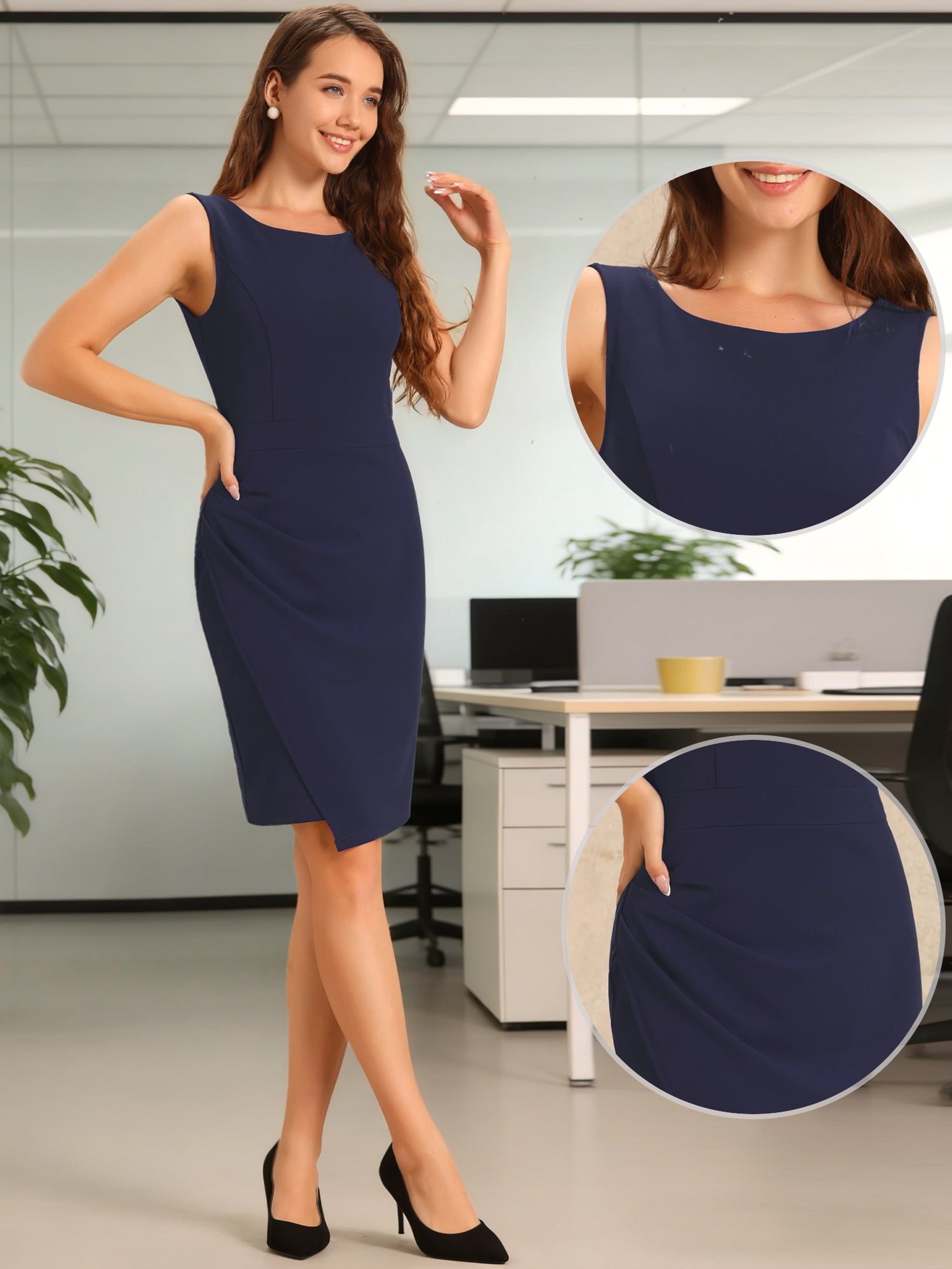 DARING DIVA Women's Boat Neck Sleeveless Ruched Pencil Dress S Dark Blue