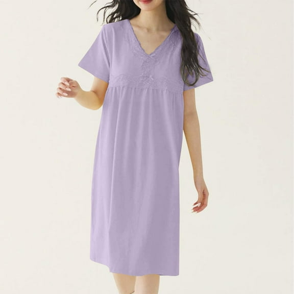 Neewe Womens Nightgown V Neck Sleepshirt Short Sleeve Nightshirt PlainPajama Dress with Chest Pad