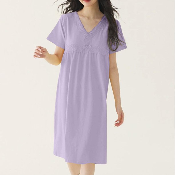 Camisón largo de mujer de color liso con encaje, manga corta, cuello en V, informal y moderno, de poliéster.