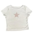 thumbnail image 4 of Camiseta de manga corta con cuello redondo y estampado de estrellas de cinco puntas para mujer, corte holgado, mezcla de rayón, tallas S-L, lavable a máquina, 4 of 4