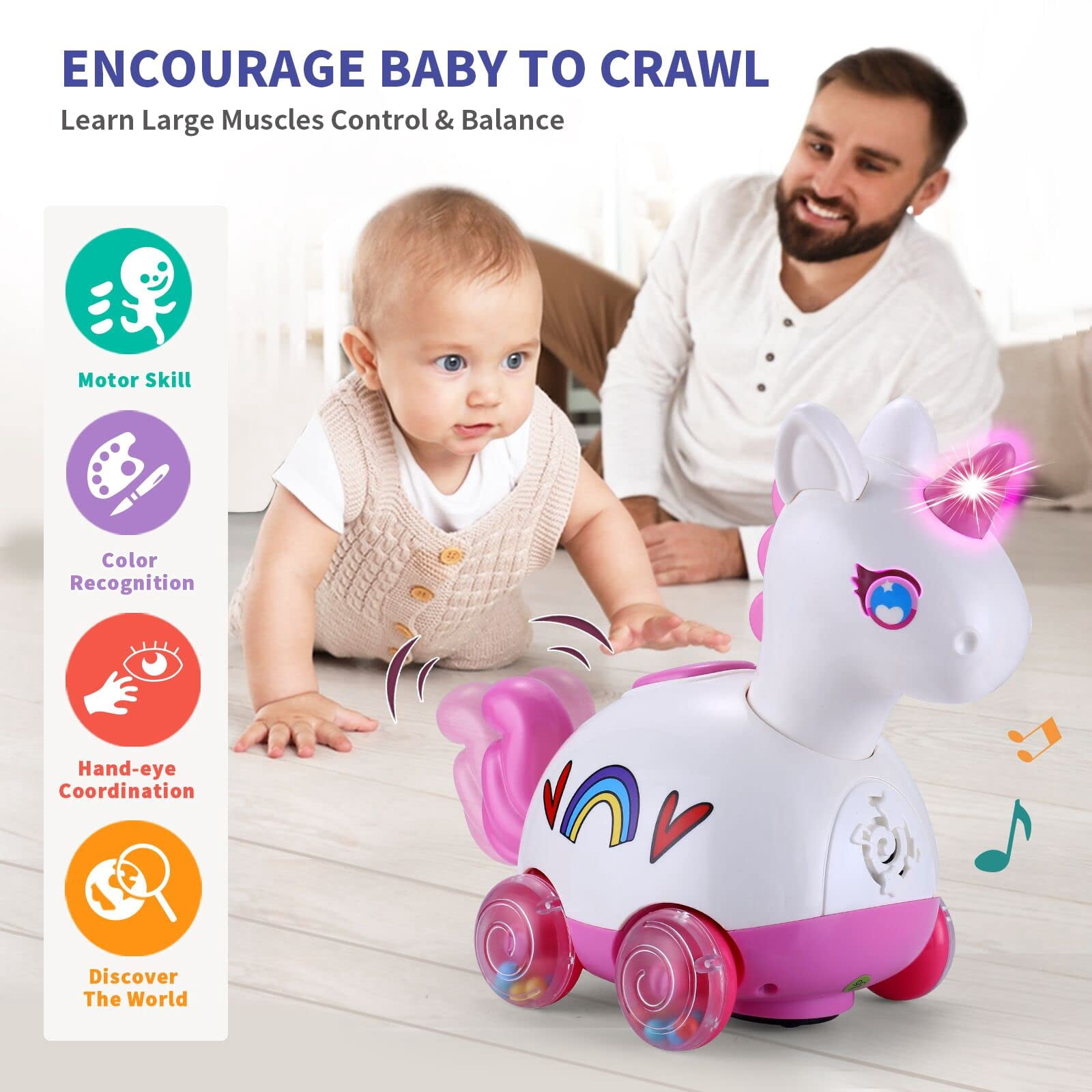 Wanonoo Crawling Unicorn Baby Toy for 6-12 Month, Tummy Time Development Learning Toys with Music & Lights for 6 7 8 9 10 11 12-18 Month, Toddler Birthday Gift for 1 2 Year Old Girls Boys