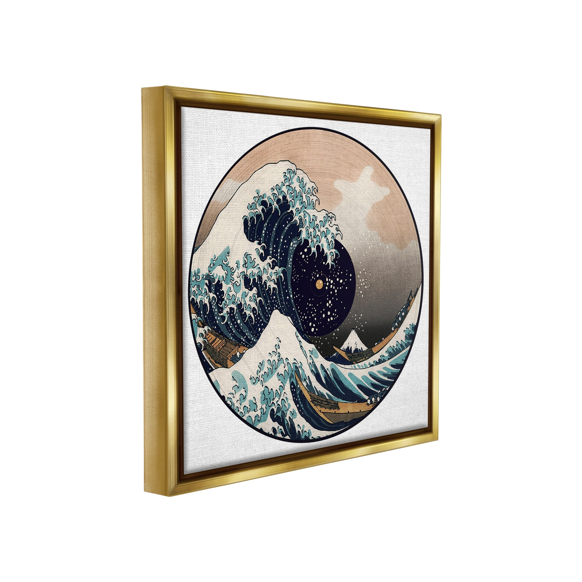 Stupell Industries Japanese Wave Music Record Landscape Painting Gold Floater Framed Canvas Art Print Wall Art, 18 x 18
