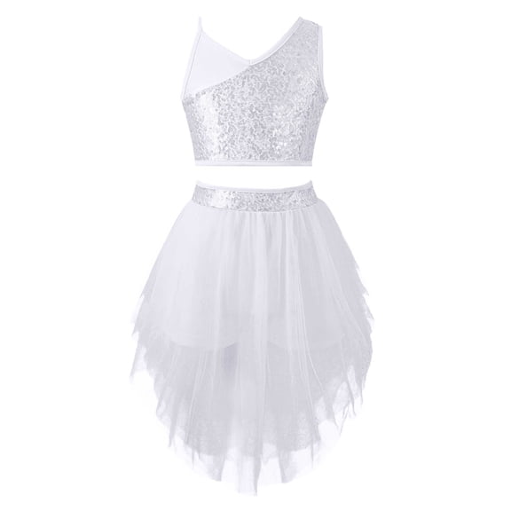 inhzoy Girls Lyrical Ballet Dance Leotard Tutu Dress Sequins Crop Top Mesh Irregular Skirt Dancewear