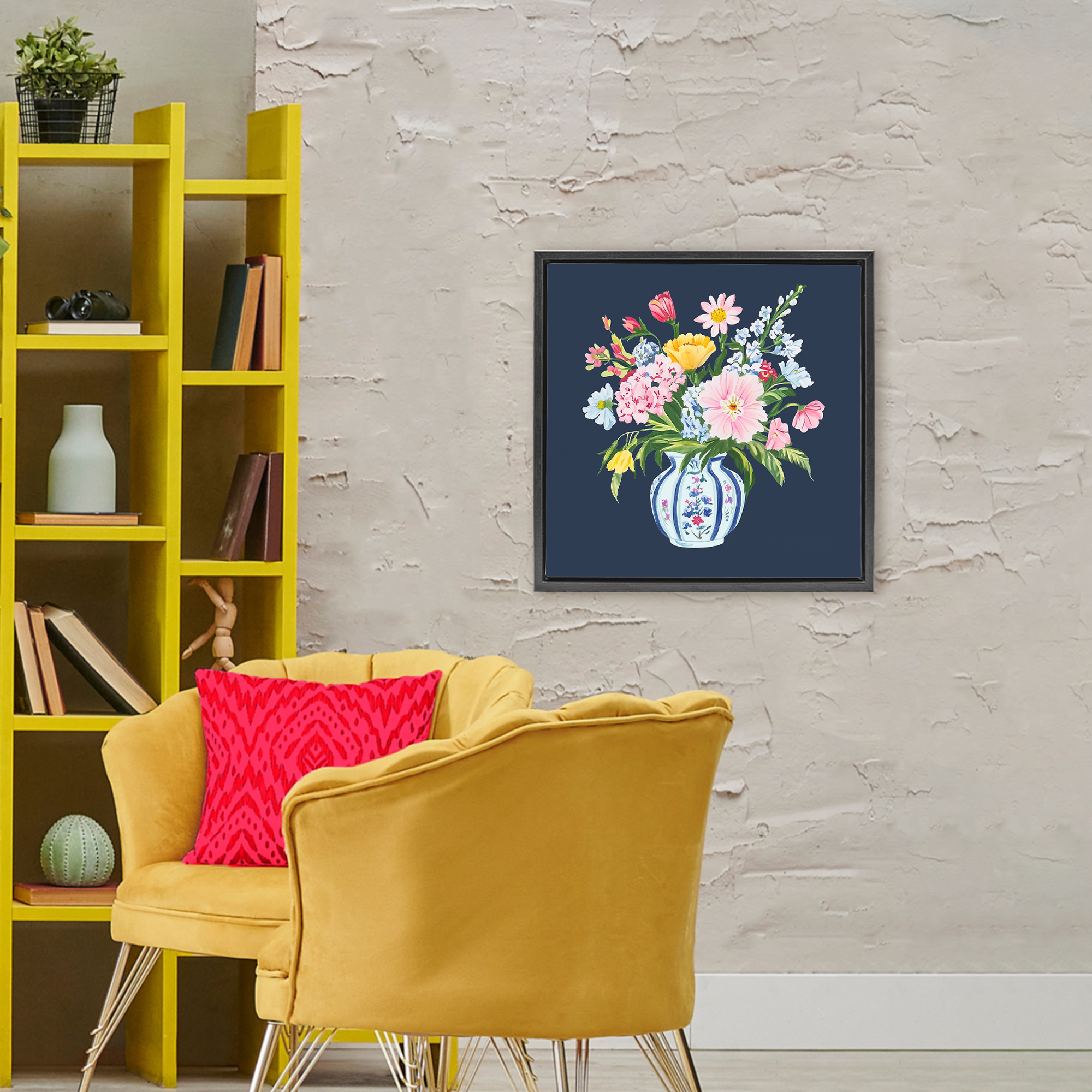 Spring Elegance Chinoiserie Vase Black Framed Floater Canvas Wall Art, design by Yen