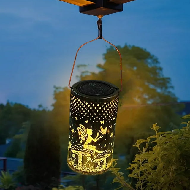 Lámparas solares para exteriores, luces decorativas de jardín LED con forma de farolillo colgante de metal hueco, delicada decoración de jardín para patio, modelo mariposa solar