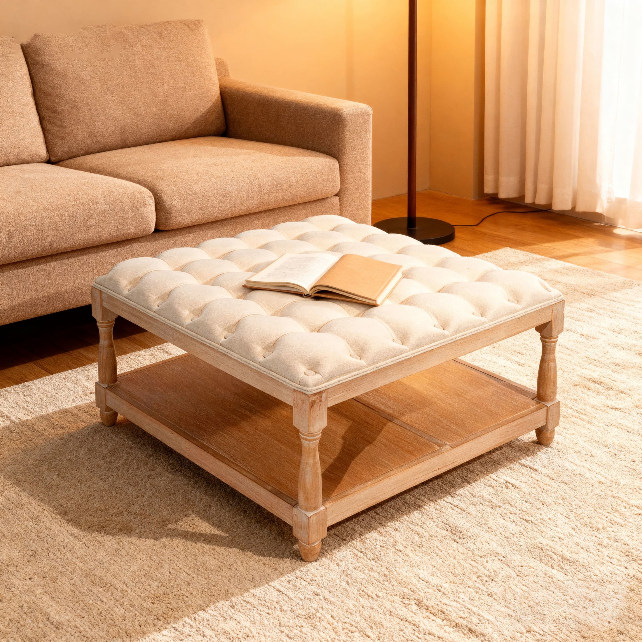 Noble House 33" Large Square Tufted Storage Ottoman Coffee Table with Storage Shelf and Solid Wood Base, Beige