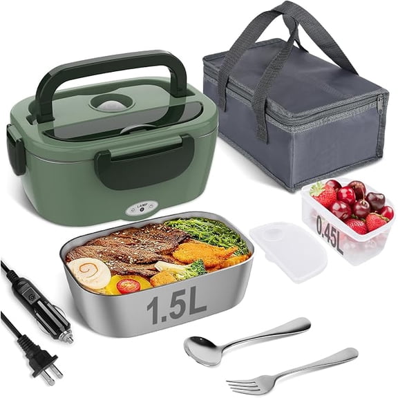 Electric Lunch Box for Adults, Heated Lunch Box Portable Food Warmer Lunch Box for Work/Men/Car/Truck with 1.5L 304 Stainless Steel Container Fork & Spoon