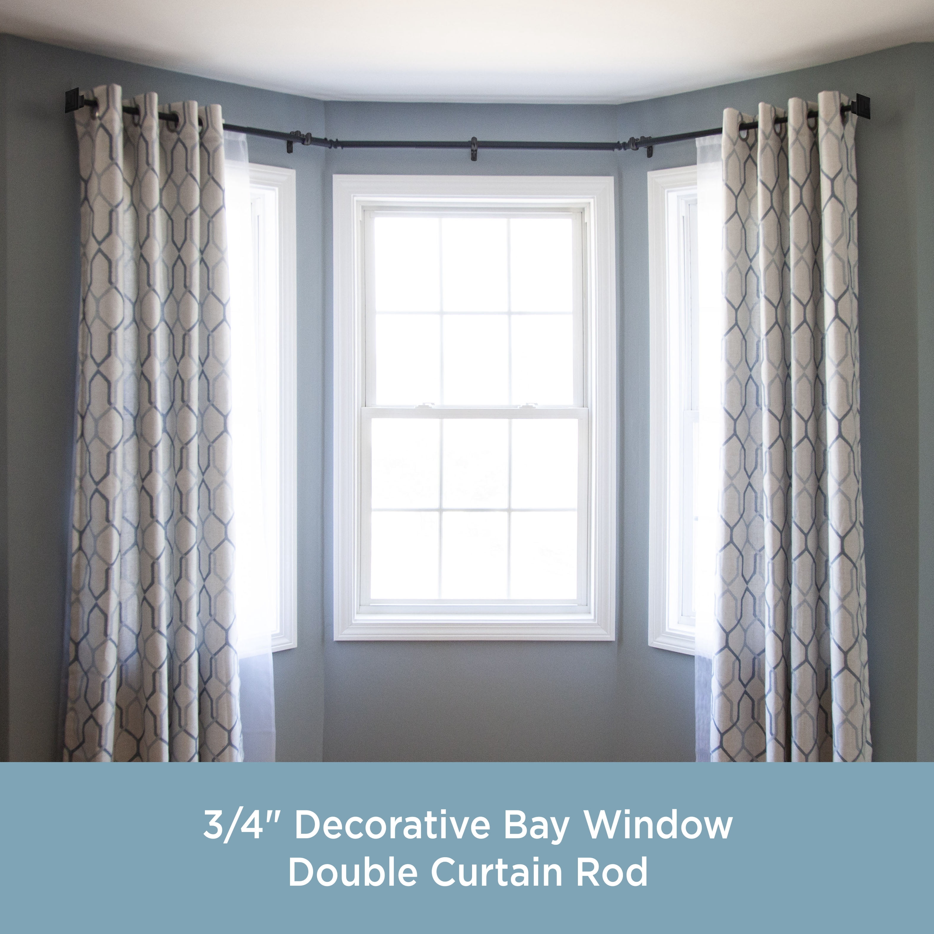 Kenney Mission Decorative Steel Bay Window Double Curtain Rod, 78-144" Adjustable Length, 3/4" Dia., Black
