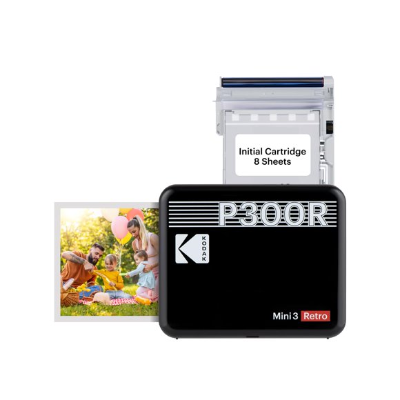 KODAK Mini 3 Retro 4PASS Impresora de Fotos Portátil (7,6x7,6cm) + 8 Hojas, Negro