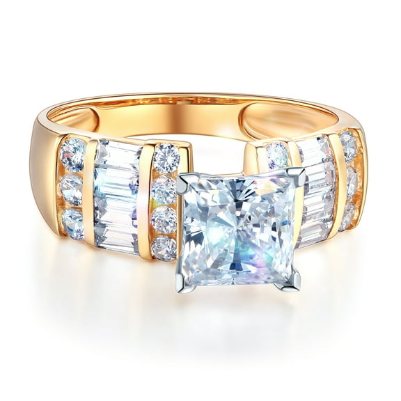 Wellingsale Ladies Solid 14k Yellow Gold Polished CZ Cubic Zirconia Princess Cut Engagement Ring with Side Stones - Size 4