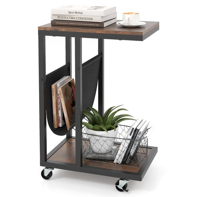 Patiojoy 2-tier Side Table C-shaped Bedside Table with Storage Pocket Lockable Casters