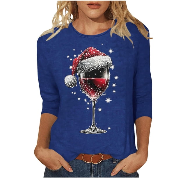 Puntoco Camiseta de mujer con cuello redondo, manga 3/4 y estampado navideño, jersey de cuello redondo, camiseta de manga larga con cuello redondo