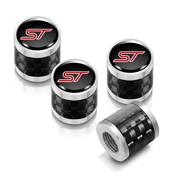 iPick Image for Ford ST in Black on Real Carbon Fiber Barrel Silver Aluminum Tire Valve Stem Caps, Official Licensed