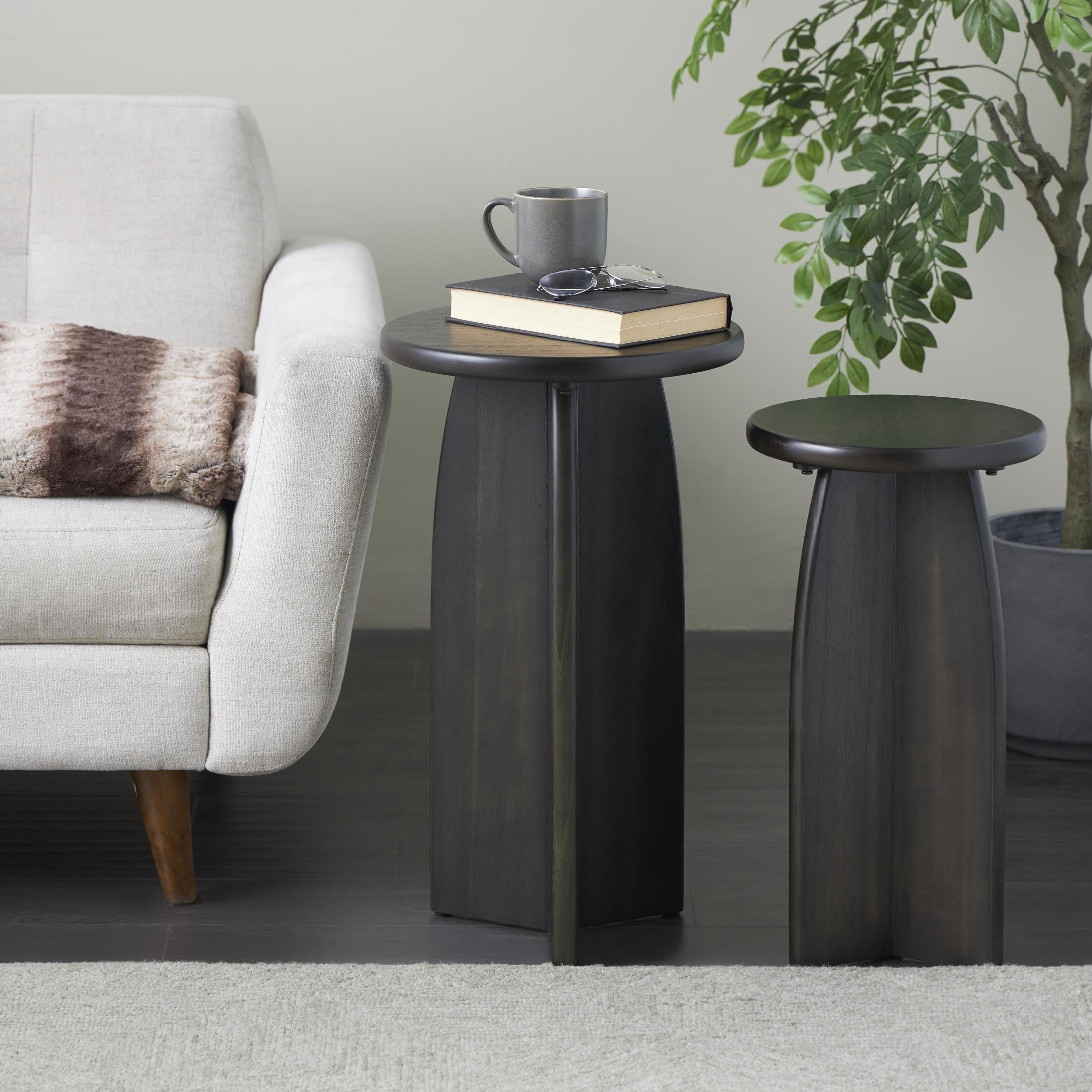 DecMode 14" x 24" Black Wood Pedestal Accent Table, 2-Pieces