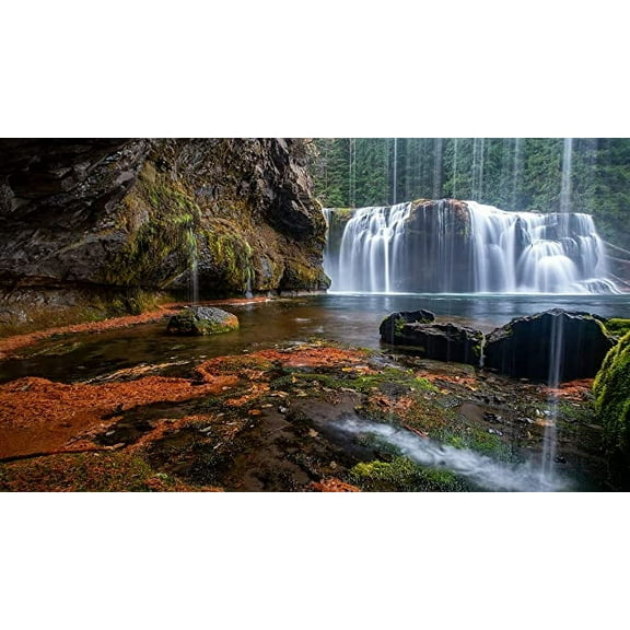 Iconic Arts Laminated 24x36 Poster: Landscape of Waterfall Pouring on River in Forest hd Nature HD