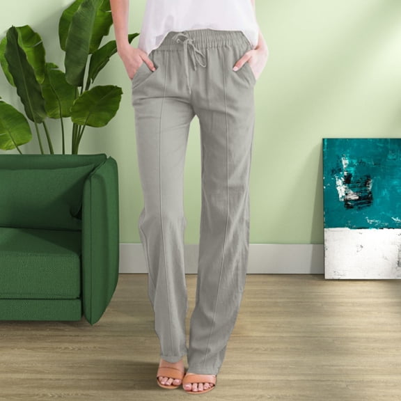 Womens Sweatpants Solid Straight Linen Pants Waist and Long Women Casual Elastic Drawstring Cotton Pants Fashion Clothing