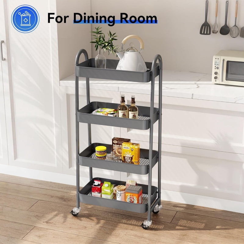 Kelno 4 Tier Rolling Cart Metal Utility Storage Cart Mobile Storage Organizer with Lockable Wheels, Gray