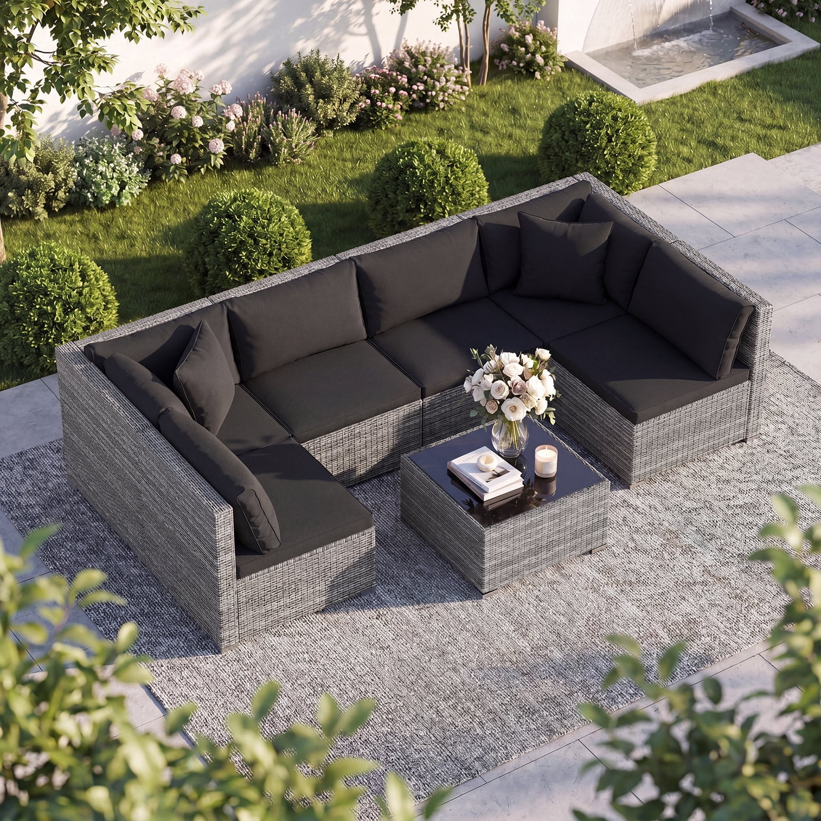 Costway 7PCS Patio Rattan Furniture Set Sectional Sofa Cushioned Garden Black