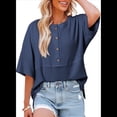thumbnail image 3 of Blusas de Punto Gofre para Mujer, Moda 2025, Blusas de Patchwork Extragrandes con Cuello Redondo y Mangas 3/4, Azul M, 3 of 6