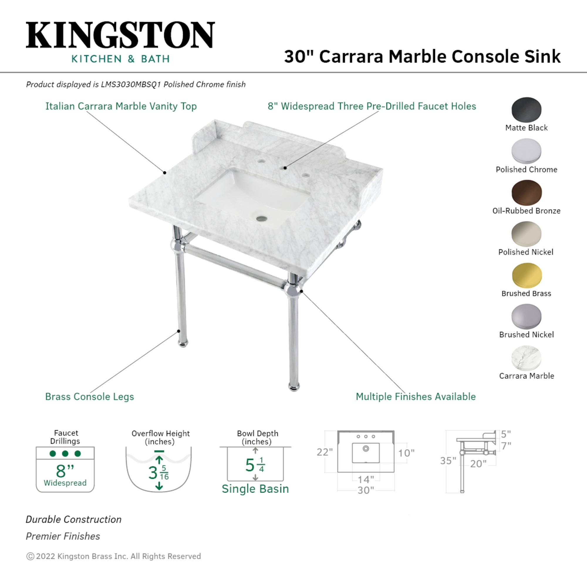 Kingston Brass LMS3030MBSQ6 Pemberton 30" Carrara Marble Console Sink with Brass Legs (8-Inch, 3-Hole), Carrara Marble White/Polished Nickel