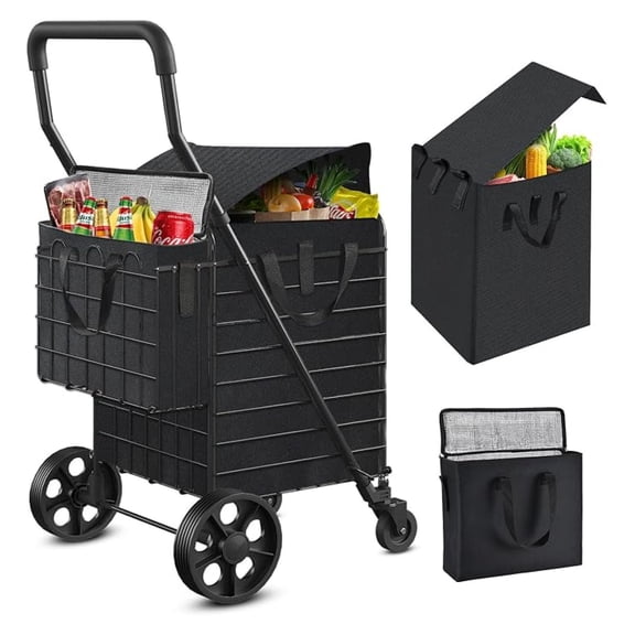 Folding Grocery Cart, Utility Cart with Insulated Cooler, 360° Wheels - Adjustable Handle, Waterproof Liner, 85L Portable Shopping Cart for Condo, Laundry, Trips