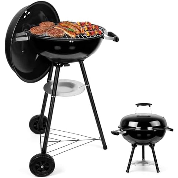 Kettle Charcoal Grill (18 Inch), Outdoor Barbecue Grill for Camping/Backyard/Tabletop Grilling, Portable Round Smoker with Wheels, Enameled Lid & Fire Bowl, Dual Venting System, Black$$Garden & Patio