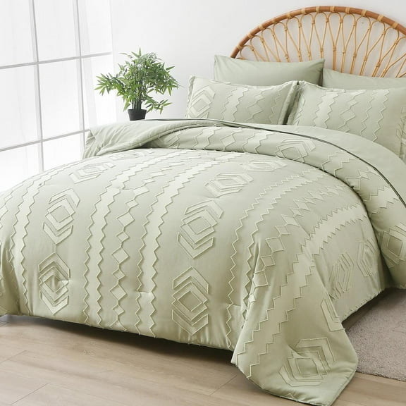 Davulos Green Comforter Queen Size 7 Piece Bed in a Bag Shabby Chic Boho Comforter and Sheet Set All Season Soft Microfiber Complete Bedding Set(Green,Queen)