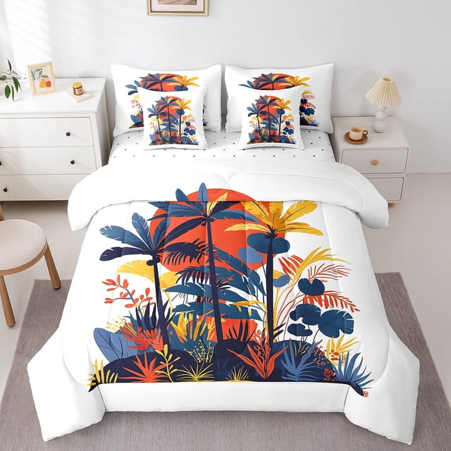 Erosebridal Tropical Plant Bedding Full Size, Coconut Tree Bedding Sets Full Size, Sunset Print Decor, Reversible 7pcs