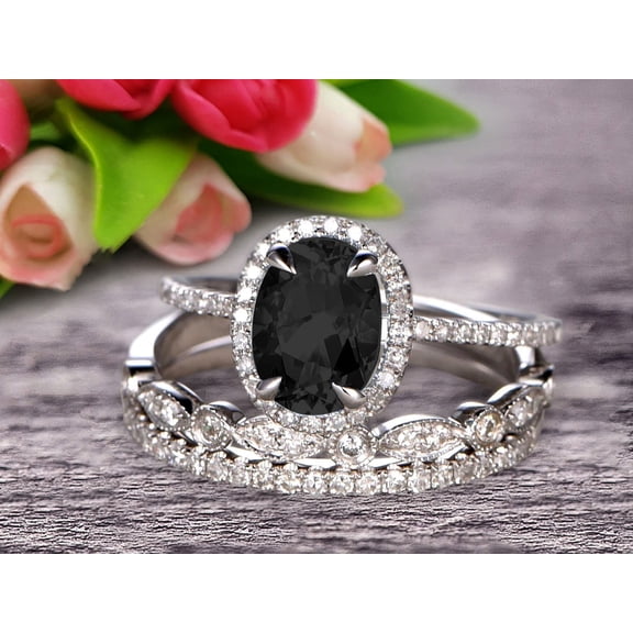 3 Carat Oval Cut Black Diamond Moissanite Wedding Anniversary Gift Engagement Ring On 10k White Gold With Matching Band Art Deco Vintage Look