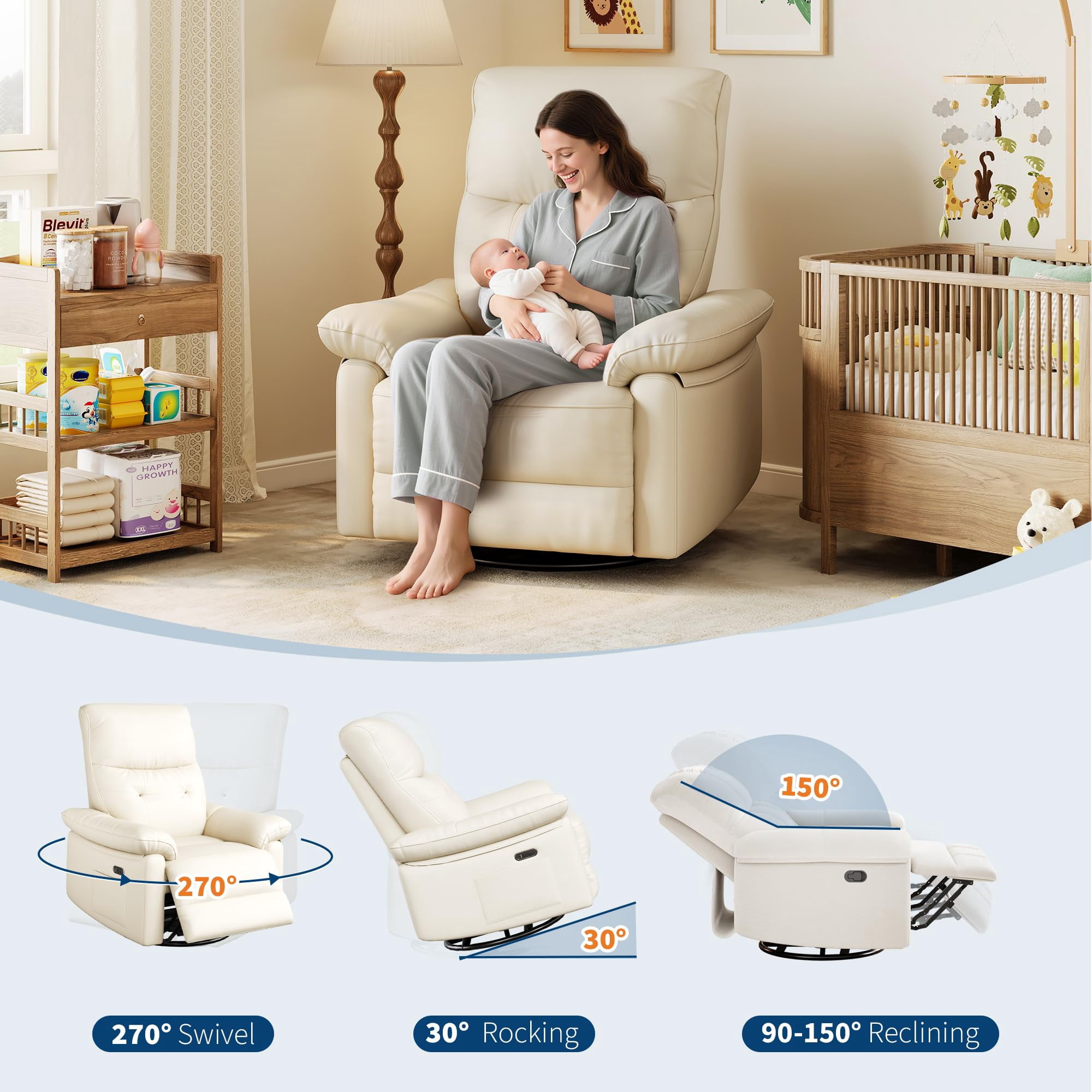 Ataucjin Power Recliner Rocking Chair Nursery Gliders with USB Ports,PU Leather Swivel Rocker Recliner,Upholstered Nursery Glider Reclining Sofa Chair,Ergonomic Lounge for Living Room Bedroom