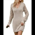 thumbnail image 2 of Women'S Mini Fitted Crochet Hollow-Out Sweater Sexy- Dress Dressy Casual Long Sleeve V Neck Knit Dresses Apricot S, 2 of 8